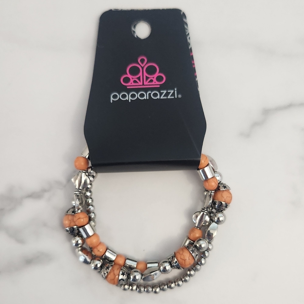 NWT Paparazzi Bold Silver & Orange Beaded Bracelet Set - Picture 3 of 8
